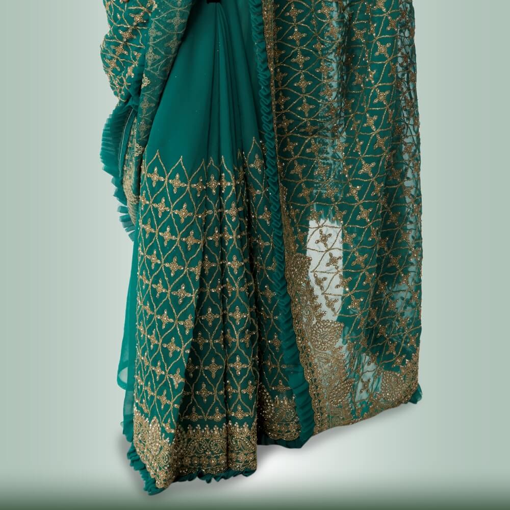 Indian Sari with Gold Embroidery - Green