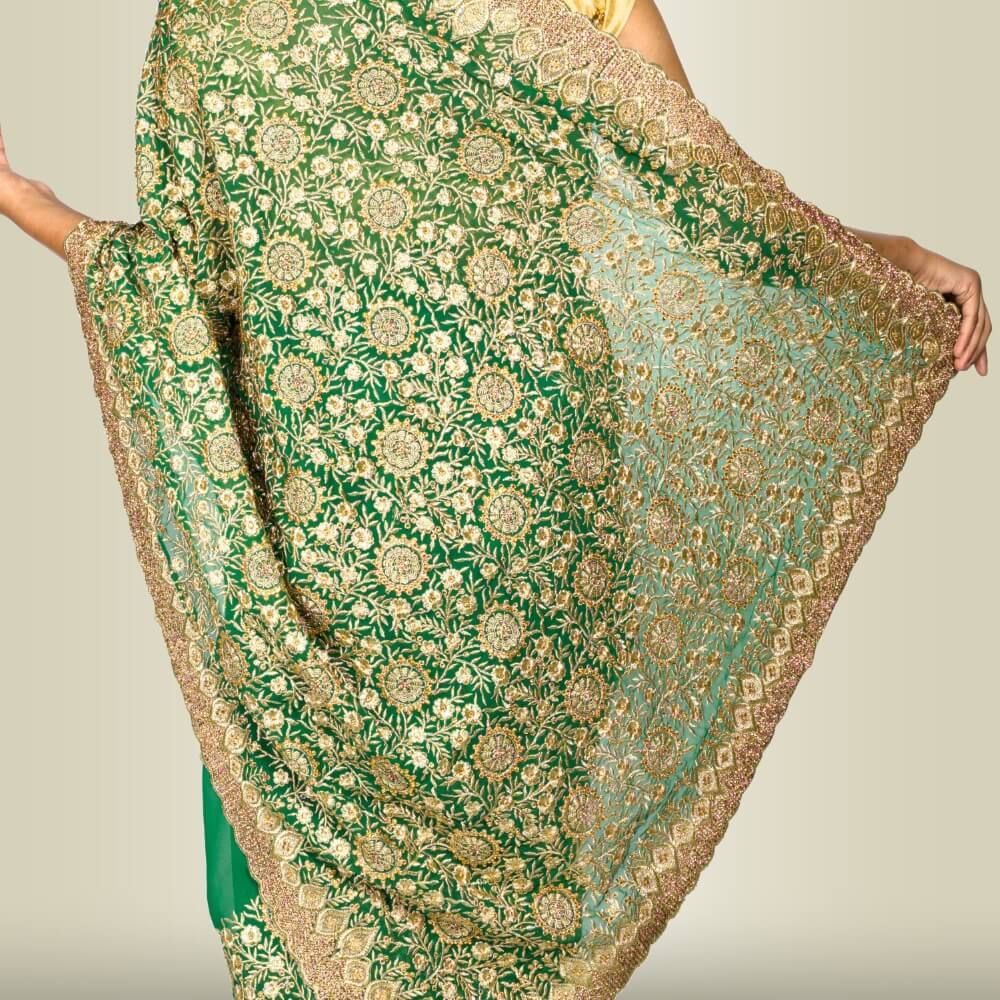 Indian Sari Dress with Gold Embroidery - Green