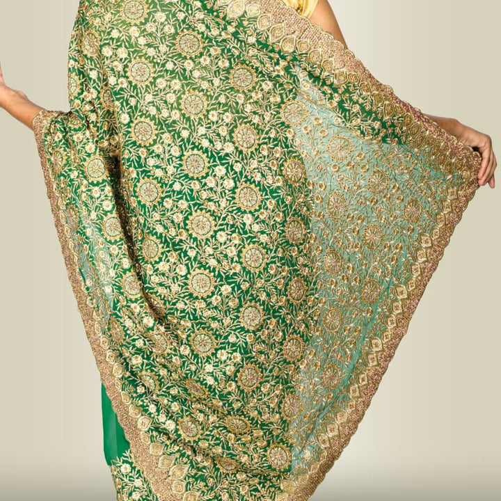 Indian Sari Dress with Gold Embroidery - Green