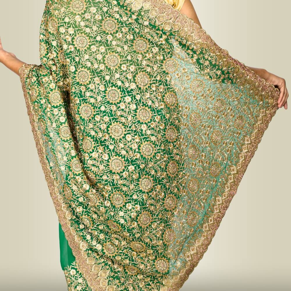 Indian Sari Dress with Gold Embroidery - Green Indian Sari Dress with Gold Embroidery - Green