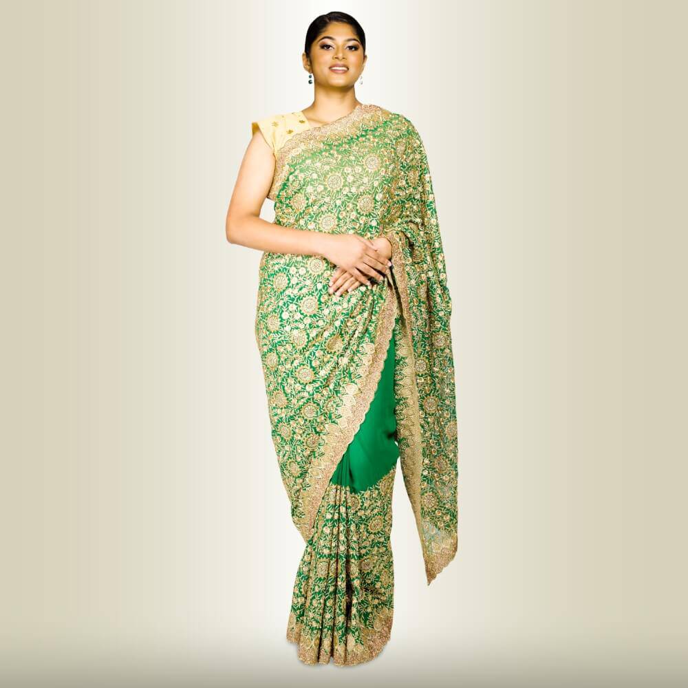 Indian Sari Dress with Gold Embroidery - Green