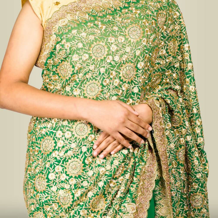 Indian Sari Dress with Gold Embroidery - Green