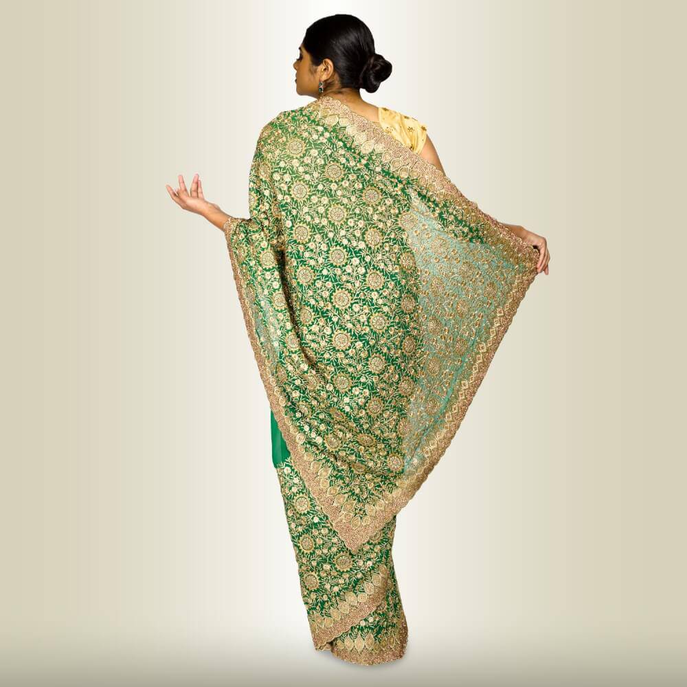 Indian Sari Dress with Gold Embroidery - Green