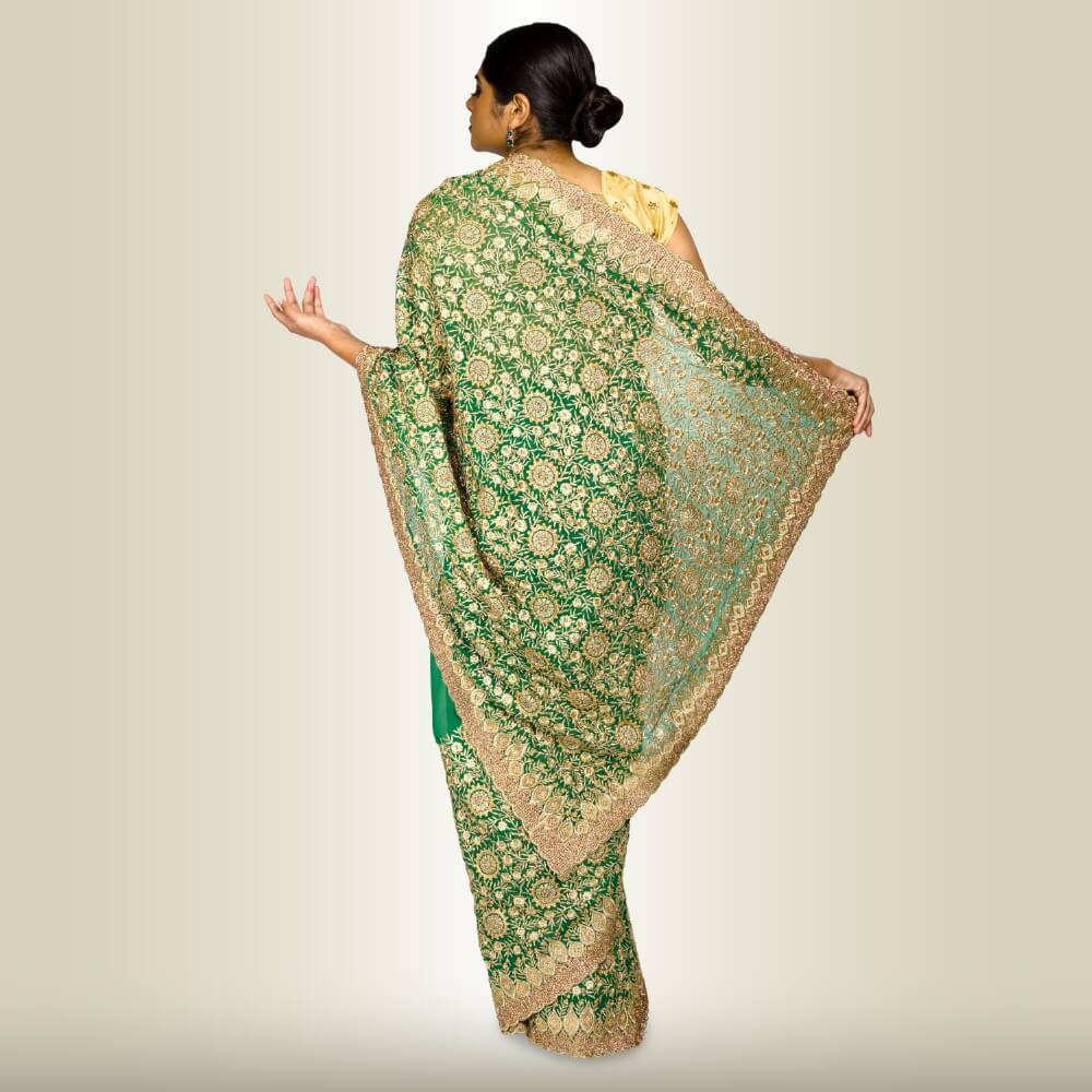 Indian Sari Dress with Gold Embroidery - Green Indian Sari Dress with Gold Embroidery - Green