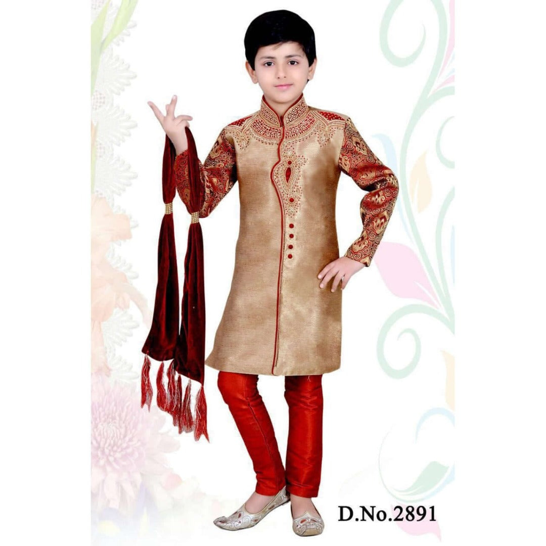 Gold Sherwani with hand work embroidery for Boys - Chiro's By Jigyasa