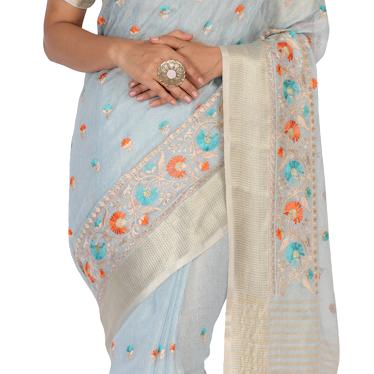 Banarasi cotton silk sari with embroidery - Sky Blue -closeup