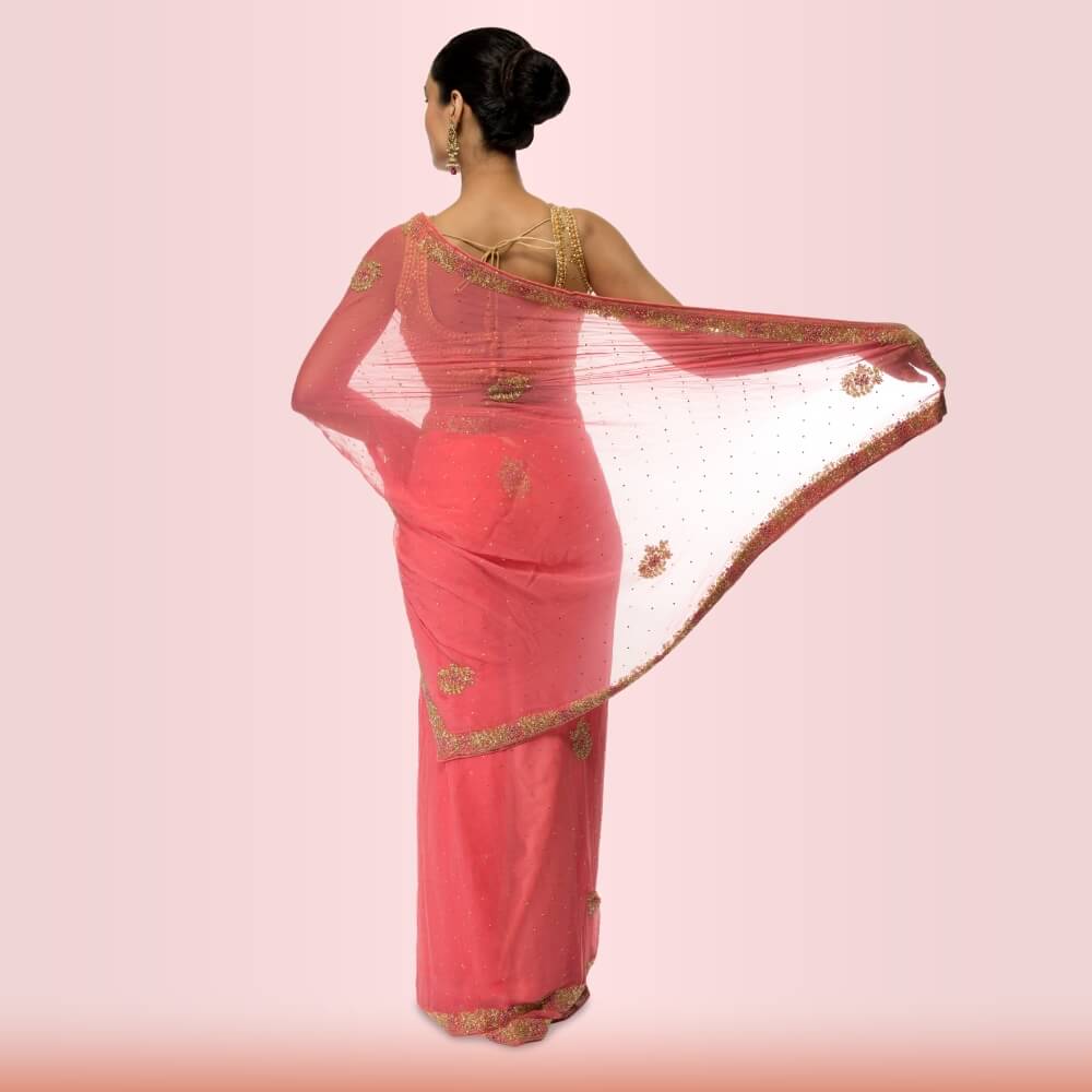 Pure Chiffon bead-work saree - Pink