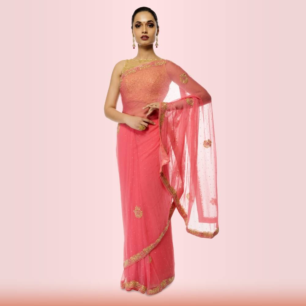 Pure Chiffon bead-work saree - Pink