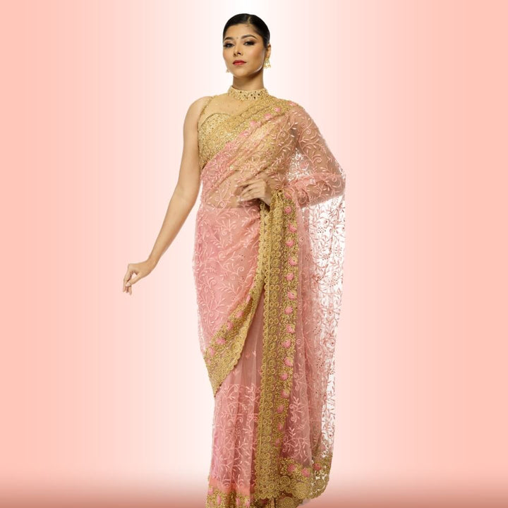 Light weight saree with Gold Border - Pink