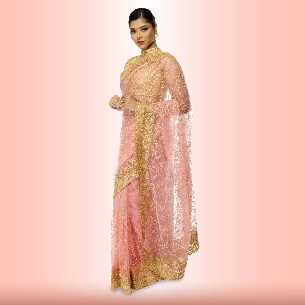 Light weight saree with Gold Border - Pink