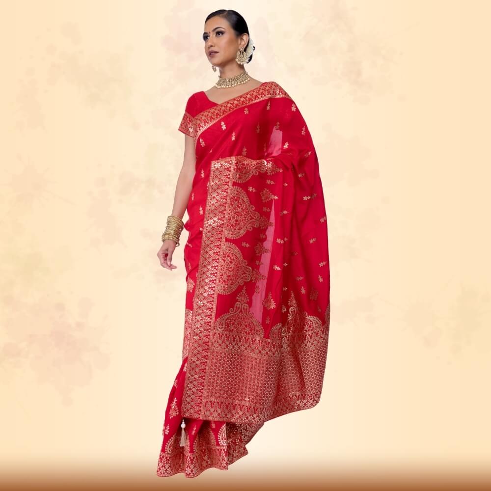 Red Banarasi Silk saree with Gold gota patti print