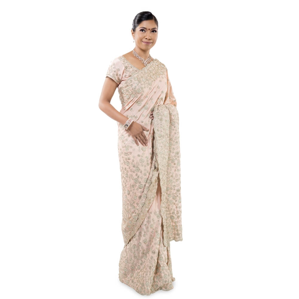Satin Silk saree with bead work embroidery - Biege