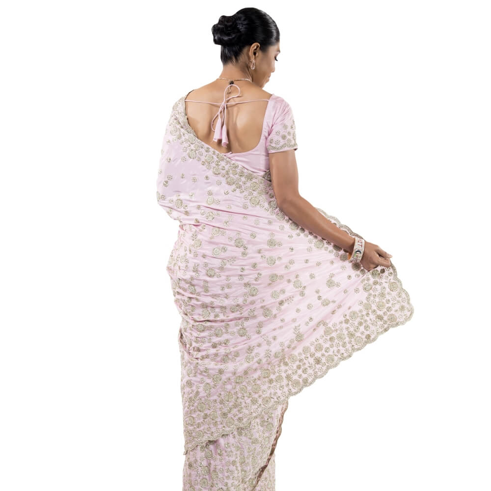 Satin Silk saree with bead work embroidery -  Pink