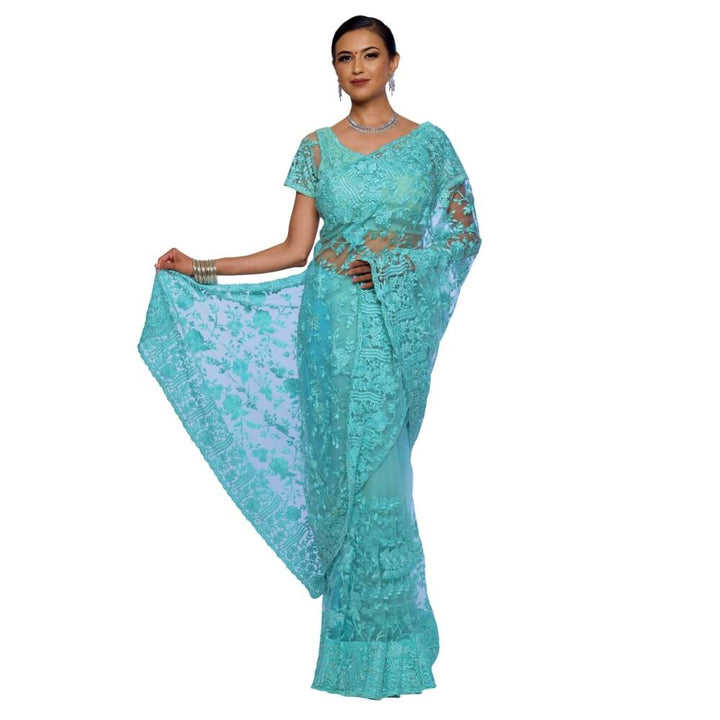 Lightweight Net saree with embroidery and diamond work
