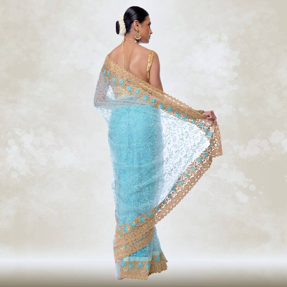 Sea Green Pure net saree with heavy gold embroidery