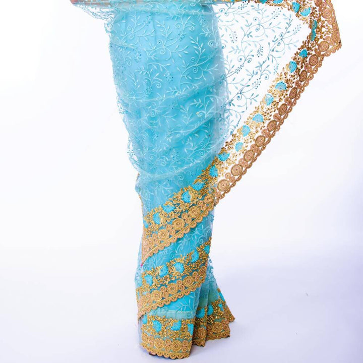 Sea Green Pure net saree with heavy gold embroidery