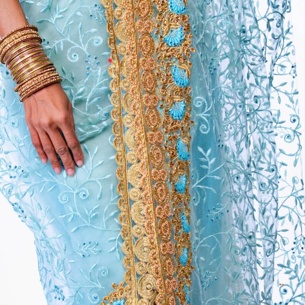 Sea Green Pure net saree with heavy gold embroidery