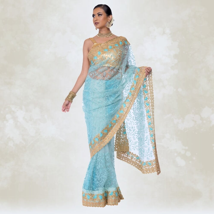 Sea Green Pure net saree with heavy gold embroidery