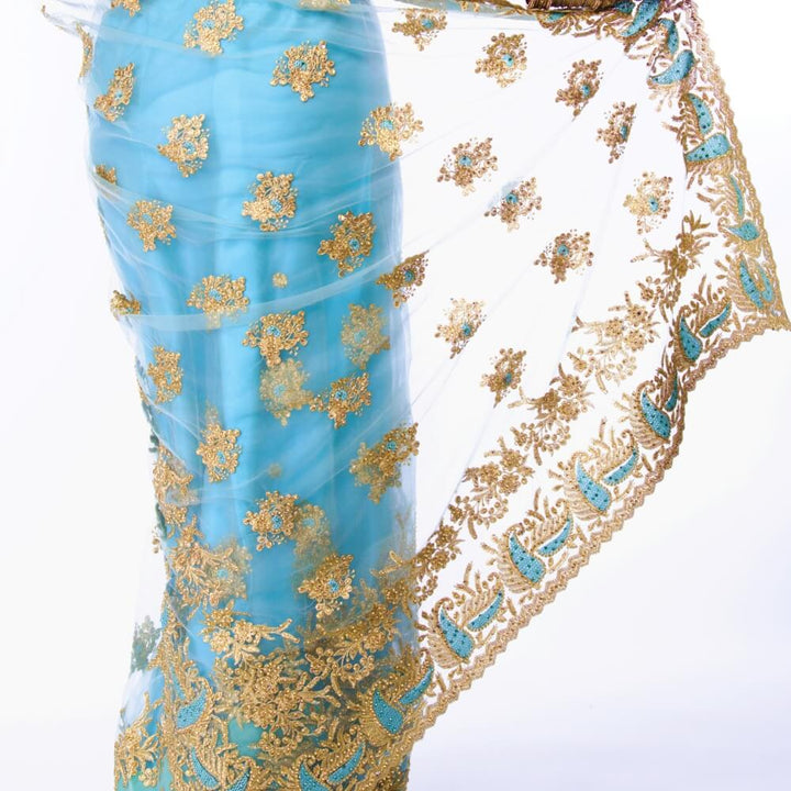 Sea Green Pure net saree embroidery all over