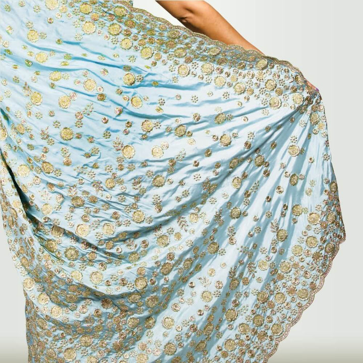 Satin Silk saree with beadwork embroidery - Sky Blue