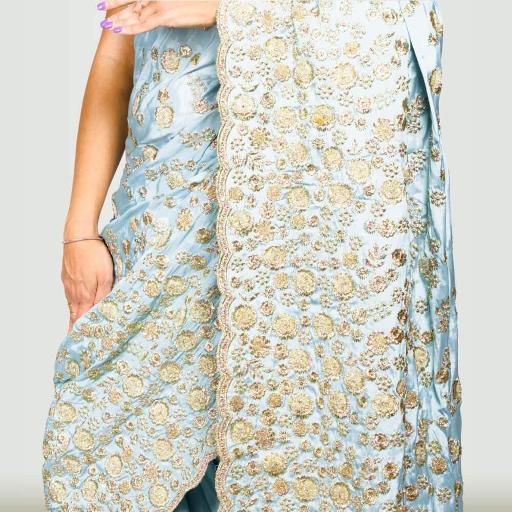 Satin Silk saree with beadwork embroidery - Sky Blue