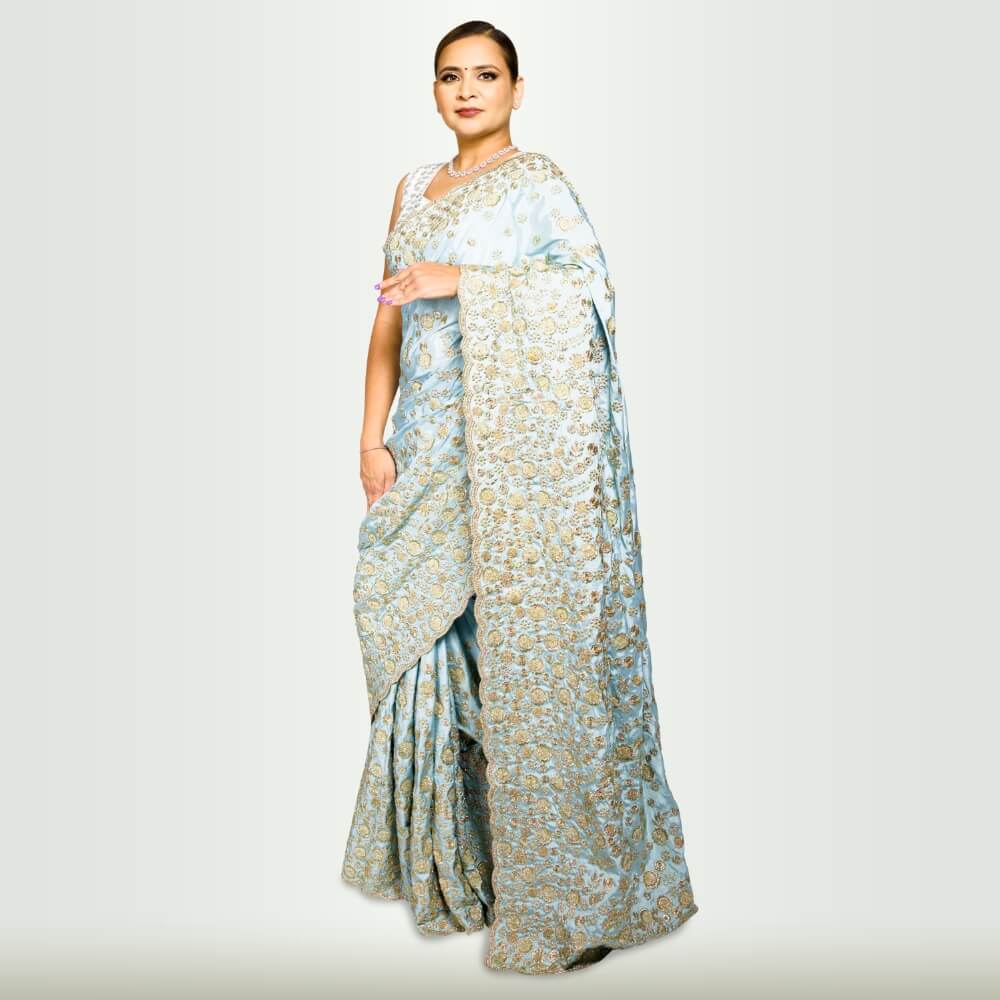 Satin Silk saree with beadwork embroidery - Sky Blue