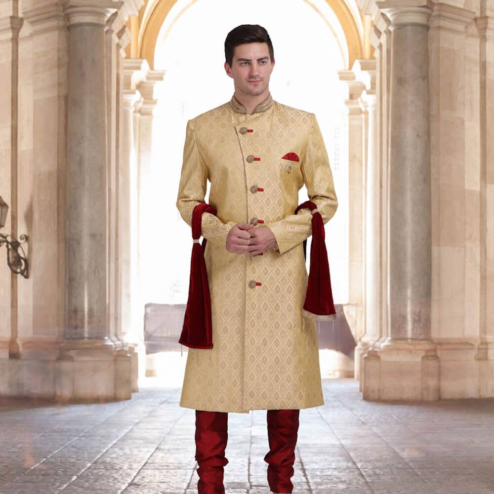 Traditional Sherwani in Brocade fabric - Cream