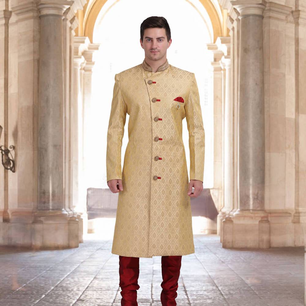 Traditional Sherwani in Brocade fabric - Cream