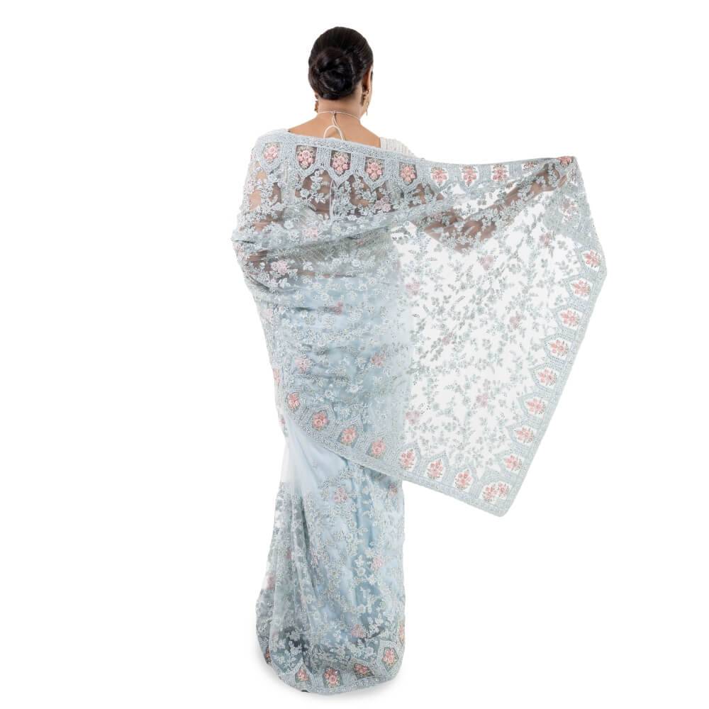 Pure net saree with heavy embroidery - Sky Blue