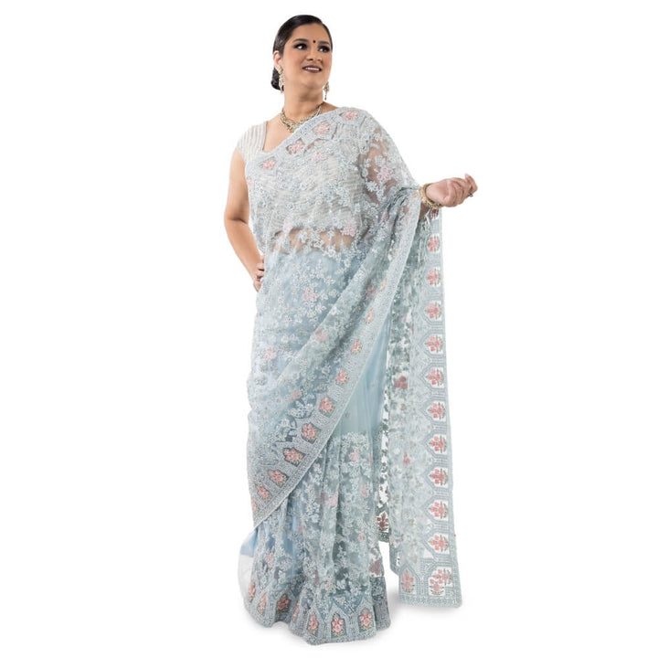 Pure net saree with heavy embroidery - Sky Blue