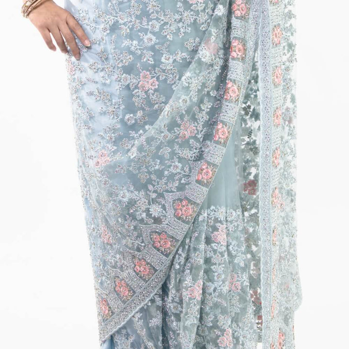 Pure net saree with heavy embroidery - Sky Blue