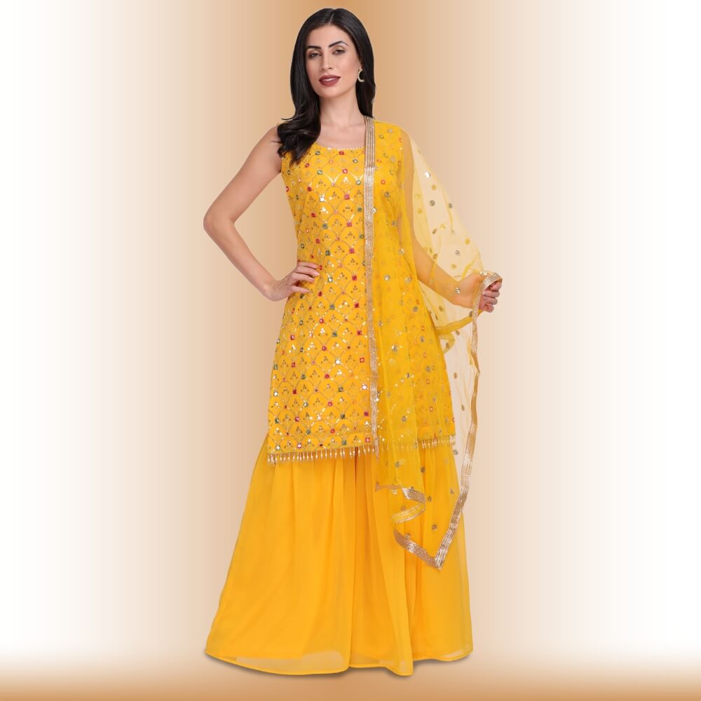 Palazzo dress with  Resham Embroidery - Yellow