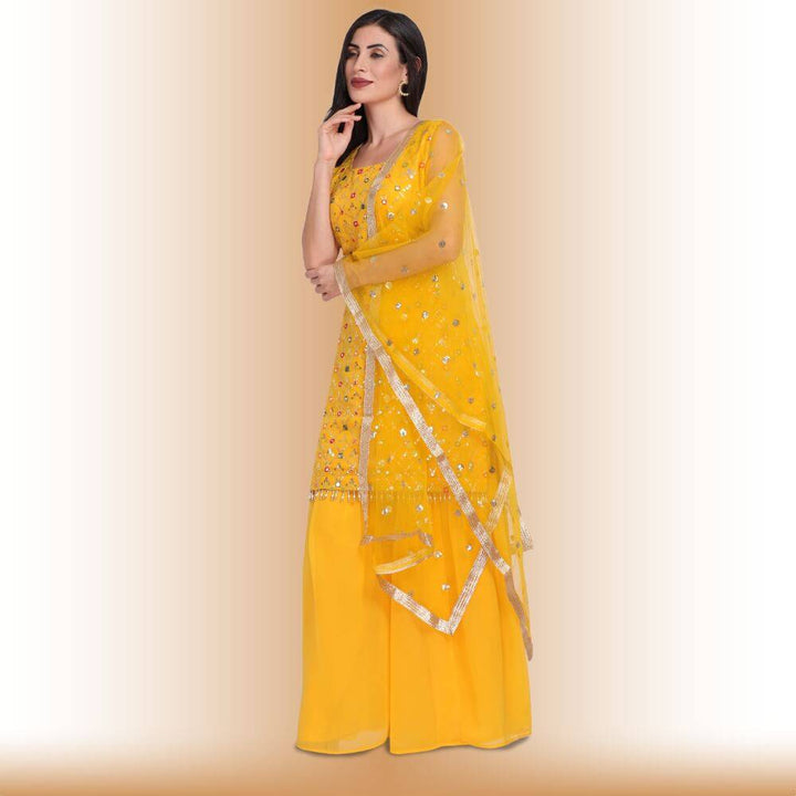 Palazzo dress with  Resham Embroidery - Yellow