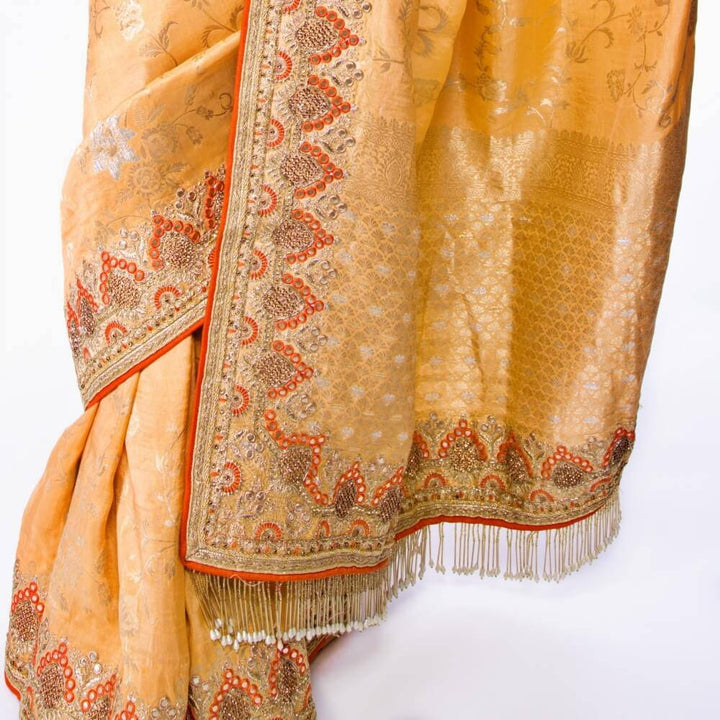 Yellow Banarasi Silk saree with bead work embroidery