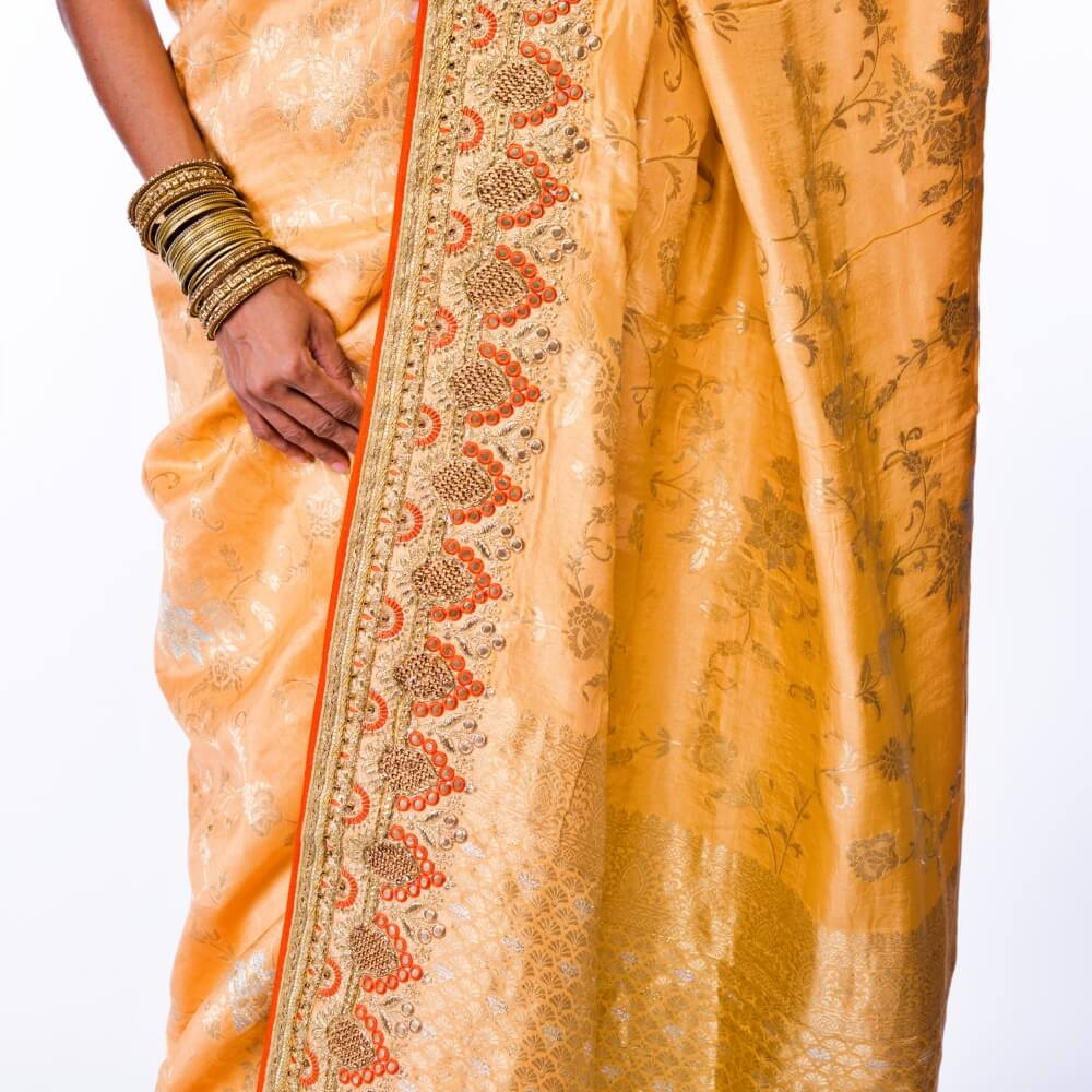 Yellow Banarasi Silk saree with bead work embroidery
